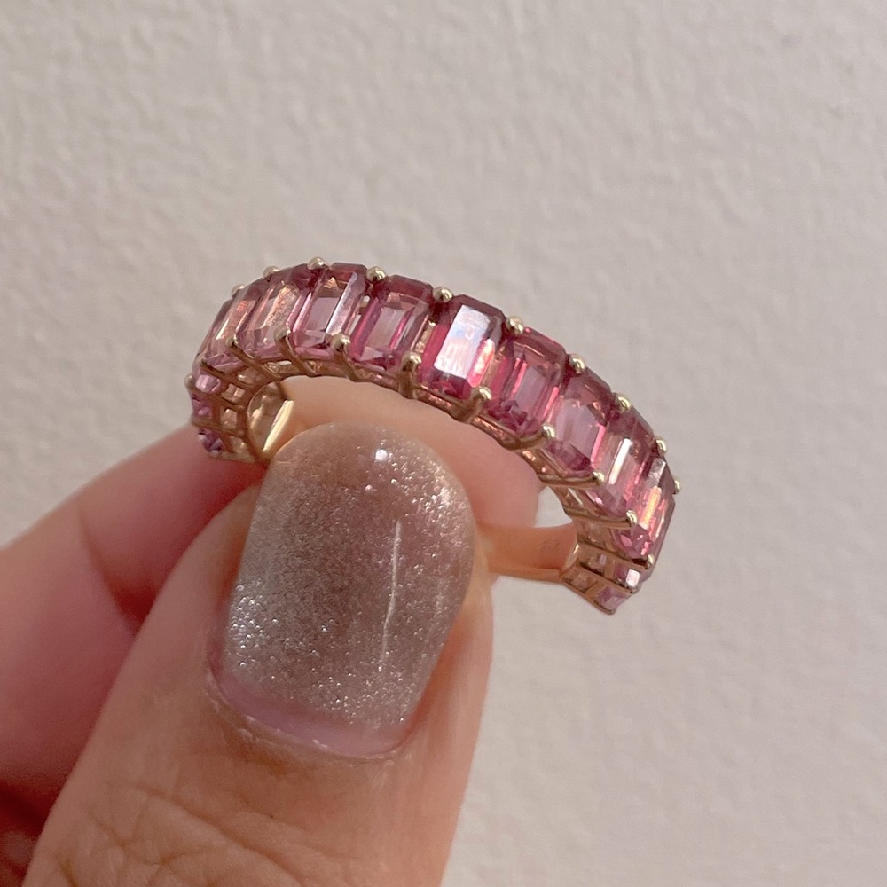 ✨ Real 18kt Rose Gold 4.9 carat emerald cut pink topaz eternity ring